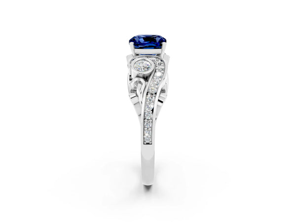 Platinum Cushion Cut Blue Sapphire Solitaire Ring with Milgrain Pavé Band and Four-Prong Setting
