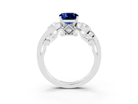 White gold Cushion Cut Blue Sapphire Solitaire Ring with Milgrain Pavé Band and Four-Prong Setting_15