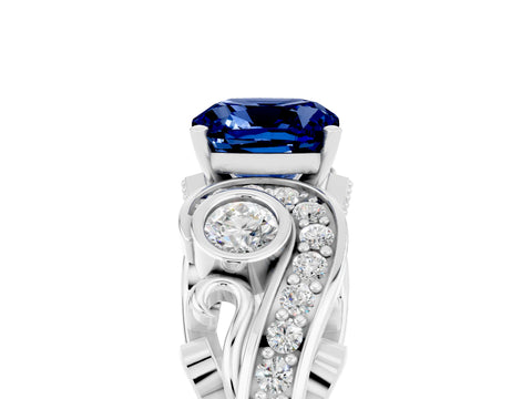 White gold Cushion Cut Blue Sapphire Solitaire Ring with Milgrain Pavé Band and Four-Prong Setting_17