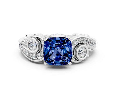 White gold Cushion Cut Blue Sapphire Solitaire Ring with Milgrain Pavé Band and Four-Prong Setting_48