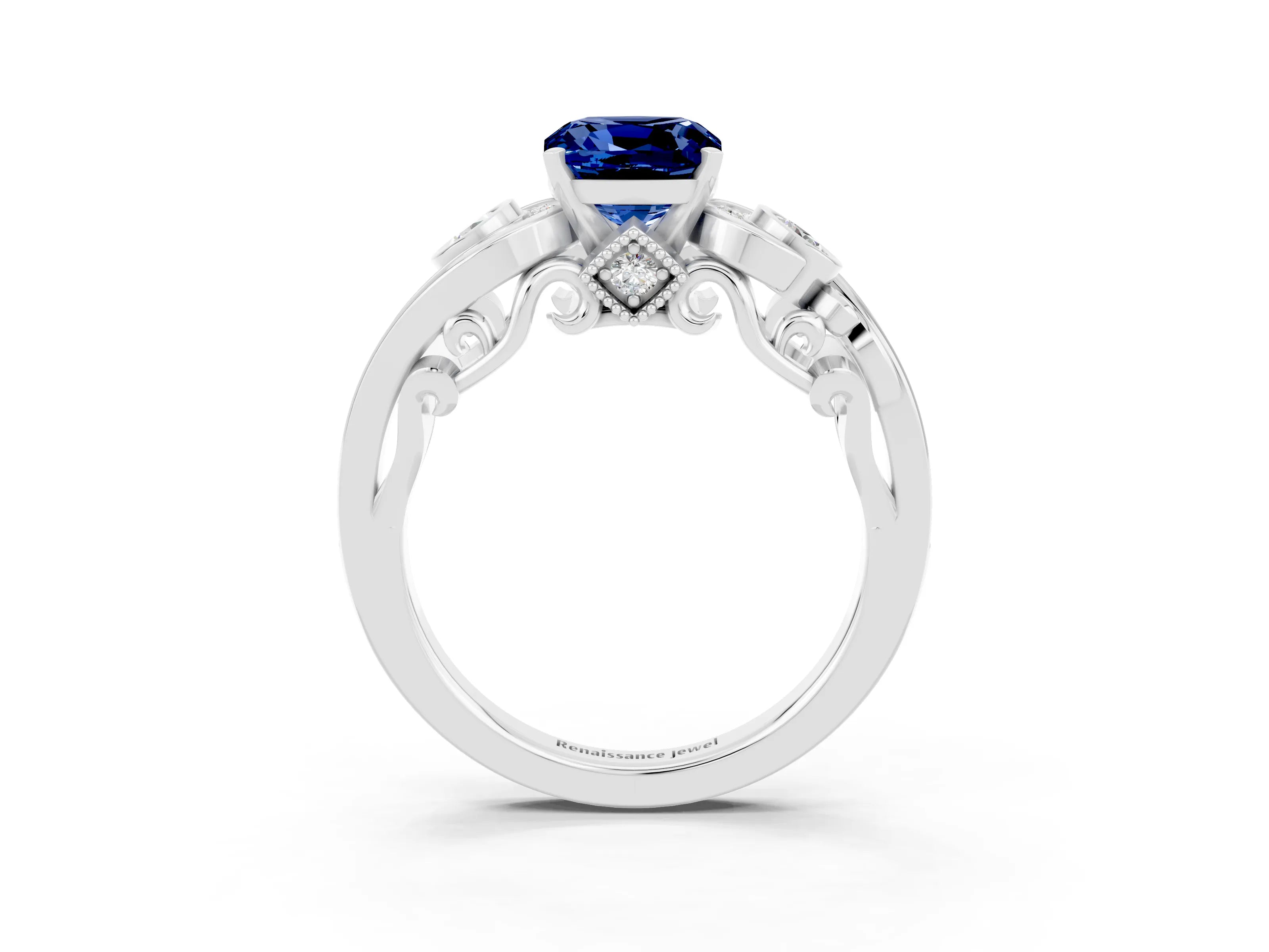 White gold Cushion Cut Blue Sapphire Solitaire Ring with Milgrain Pavé Band and Four-Prong Setting_51