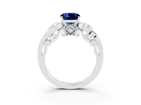 White gold Cushion Cut Blue Sapphire Solitaire Ring with Milgrain Pavé Band and Four-Prong Setting