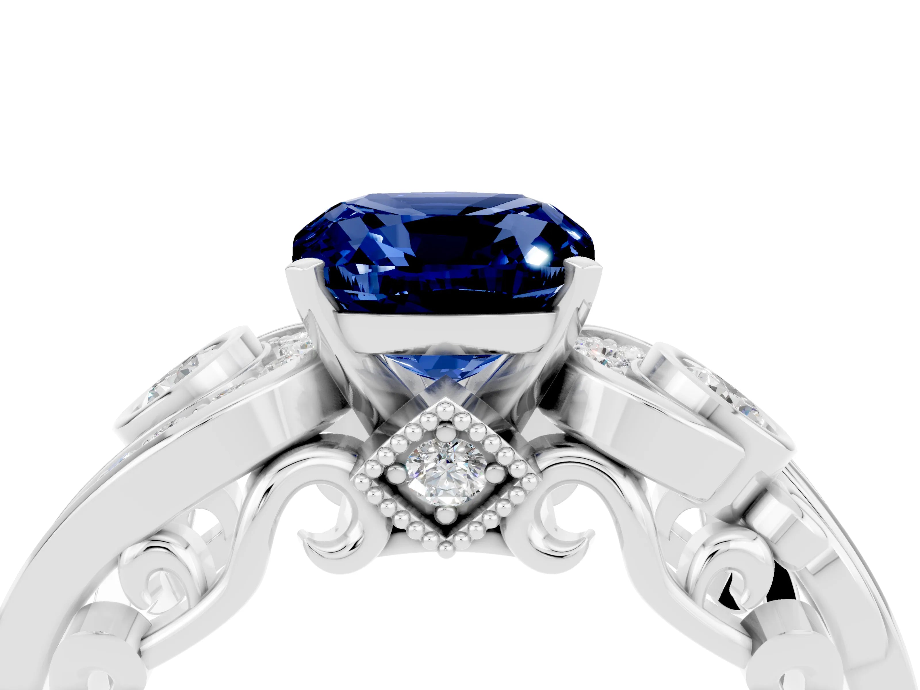 White gold Cushion Cut Blue Sapphire Solitaire Ring with Milgrain Pavé Band and Four-Prong Setting_52