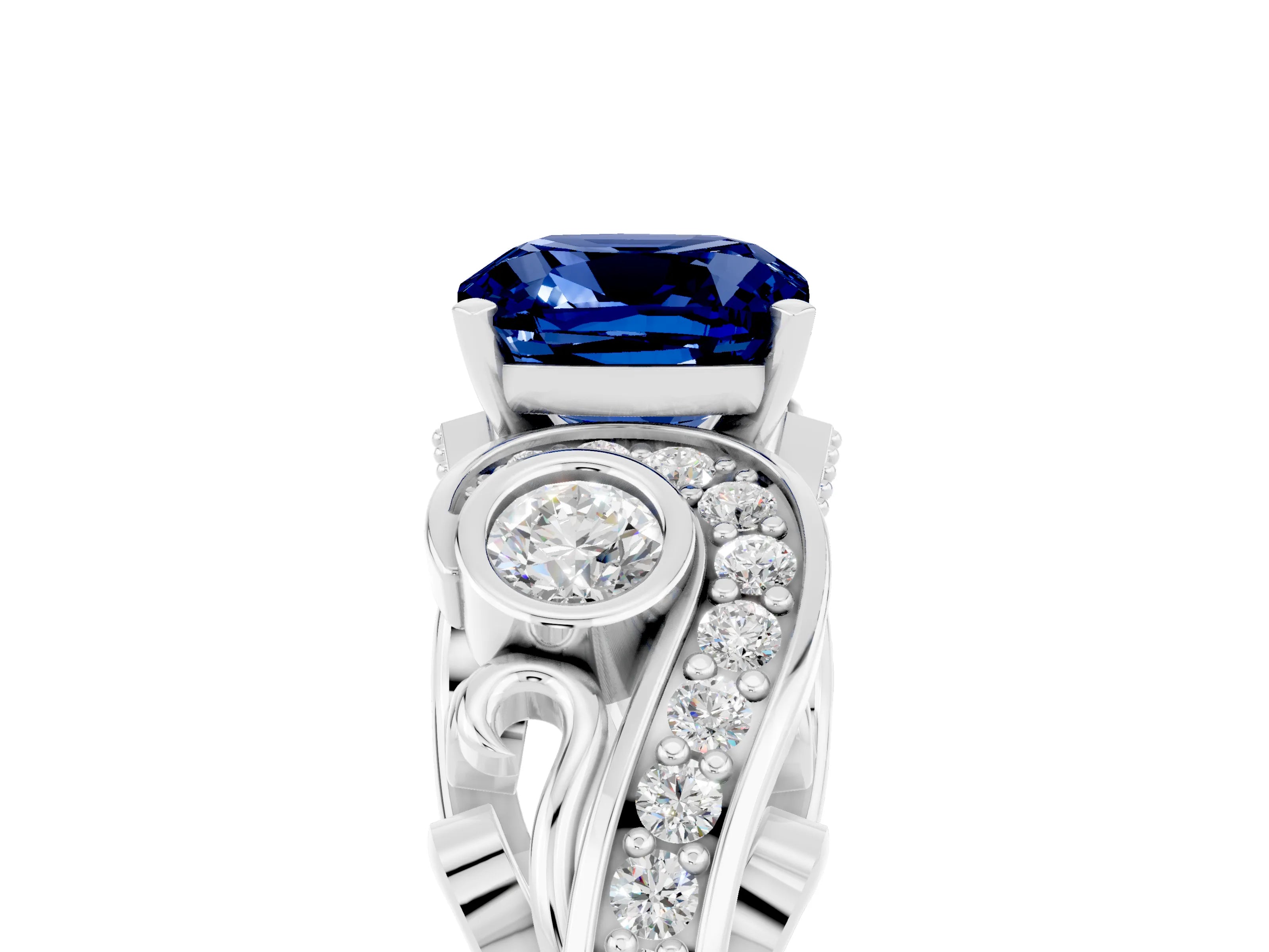White gold Cushion Cut Blue Sapphire Solitaire Ring with Milgrain Pavé Band and Four-Prong Setting_53