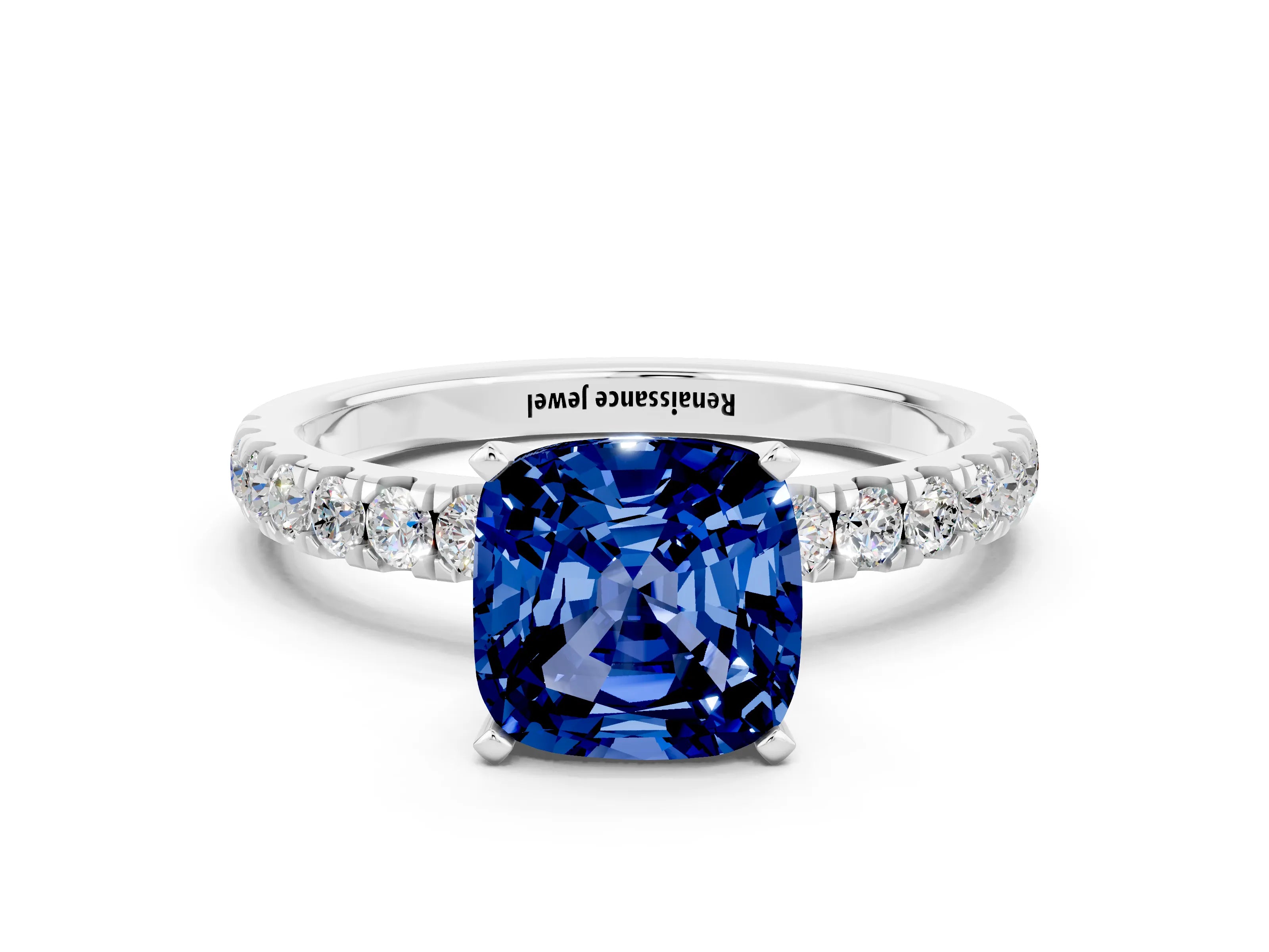 White gold Cushion Cut Blue Sapphire Solitaire Ring with Pavé Accents and Four-Prong Setting