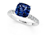 White gold Cushion Cut Blue Sapphire Solitaire Ring with Pavé Accents and Four-Prong Setting_1