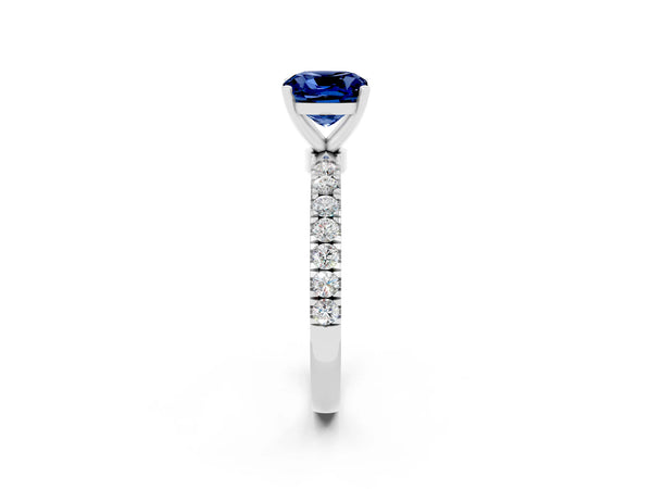 Silver Cushion Cut Blue Sapphire Solitaire Ring with Pavé Accents and Four-Prong Setting