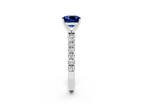 White gold Cushion Cut Blue Sapphire Solitaire Ring with Pavé Accents and Four-Prong Setting_2