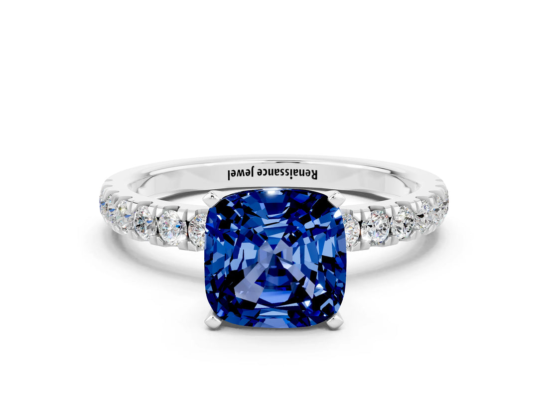 White gold Cushion Cut Blue Sapphire Solitaire Ring with Pavé Accents and Four-Prong Setting