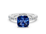 White gold Cushion Cut Blue Sapphire Solitaire Ring with Pavé Accents and Four-Prong Setting