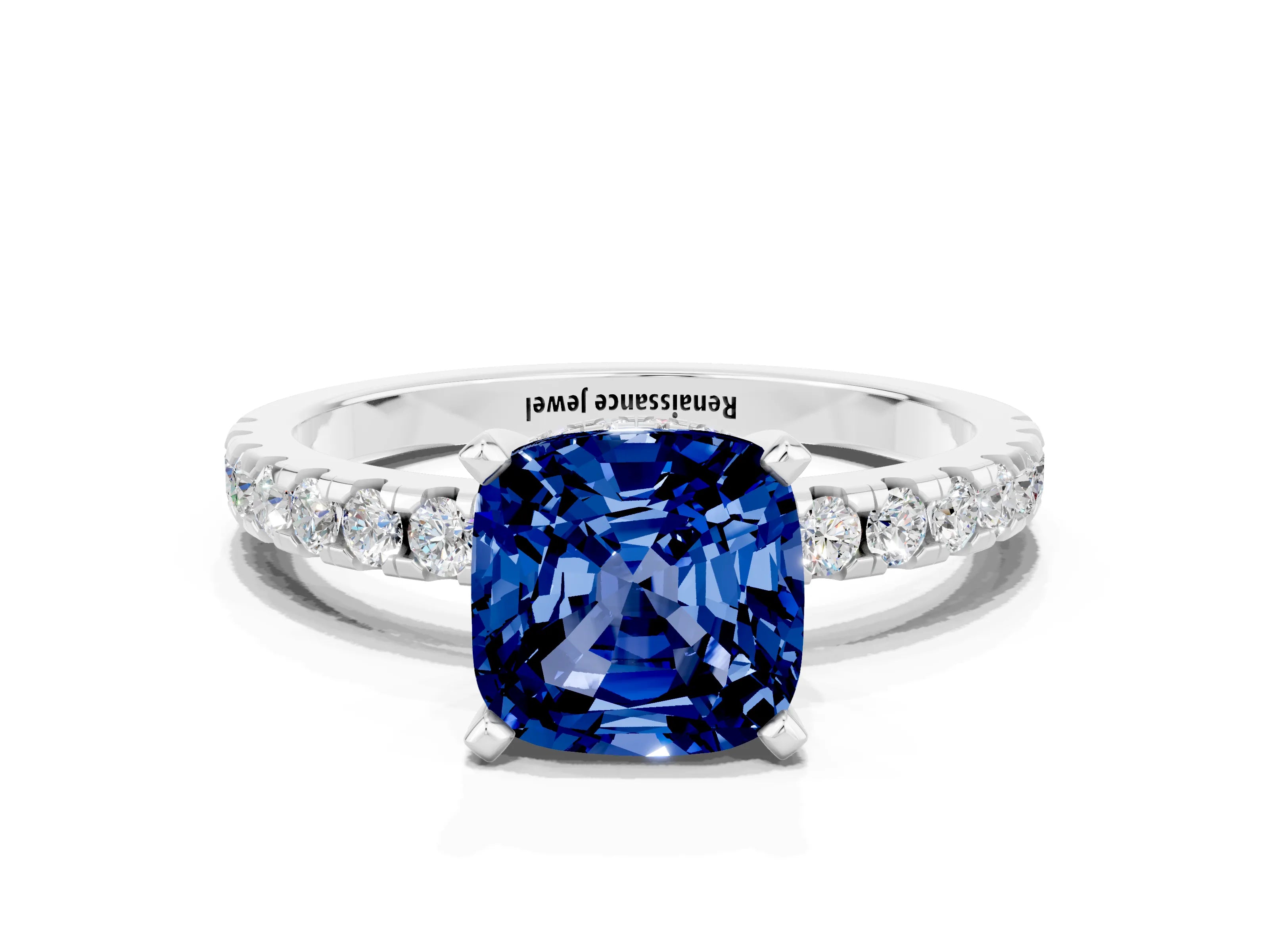 White gold Cushion Cut Blue Sapphire Solitaire Ring with Pavé Band and Four-Prong Setting_12