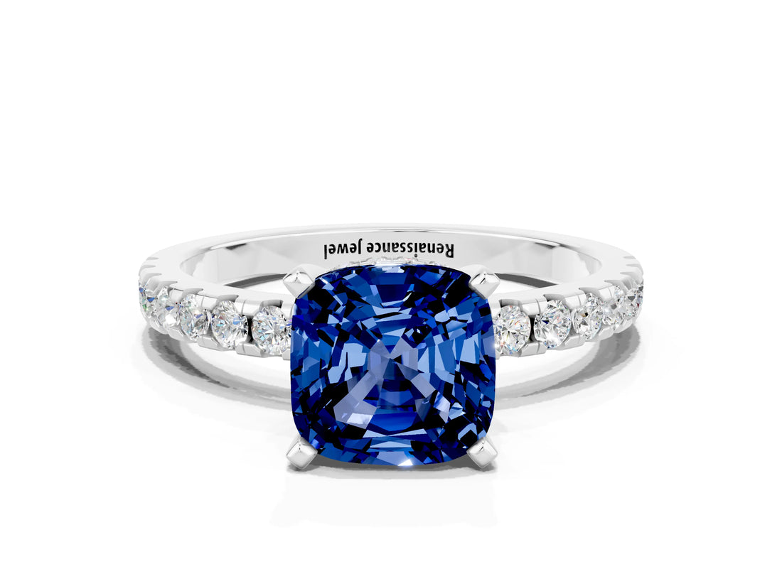 White gold Cushion Cut Blue Sapphire Solitaire Ring with Pavé Band and Four-Prong Setting_12