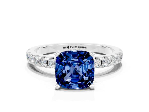 White gold Cushion Cut Blue Sapphire Solitaire Ring with Round  Pavé Band and Four-Prong Setting