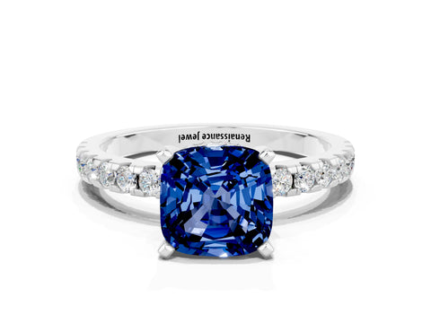 White gold Cushion Cut Blue Sapphire Solitaire Ring with Pavé Band and Four-Prong Setting_12