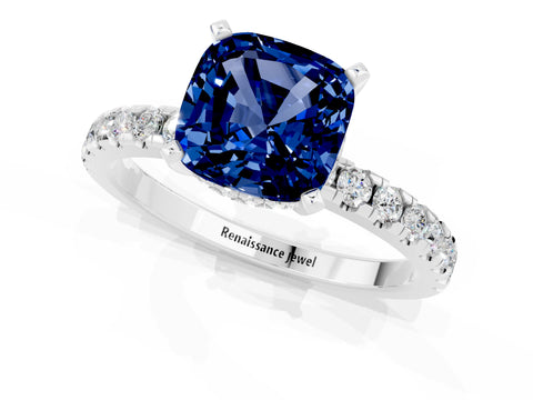 White gold Cushion Cut Blue Sapphire Solitaire Ring with Pavé Band and Four-Prong Setting_13