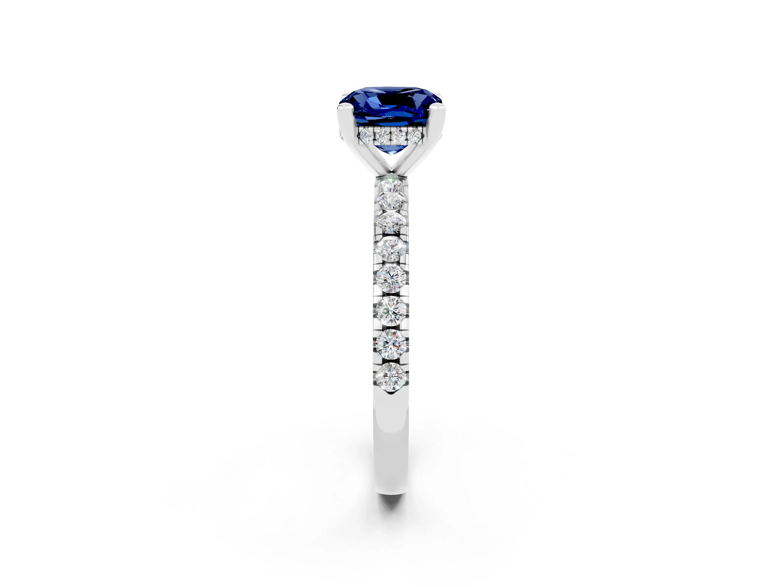 White gold Cushion Cut Blue Sapphire Solitaire Ring with Pavé Band and Four-Prong Setting_14