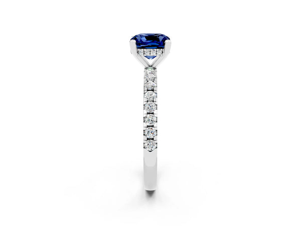 Platinum Cushion Cut Blue Sapphire Solitaire Ring with Round  Pavé Band and Four-Prong Setting