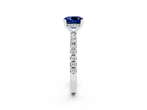 White gold Cushion Cut Blue Sapphire Solitaire Ring with Pavé Band and Four-Prong Setting_14