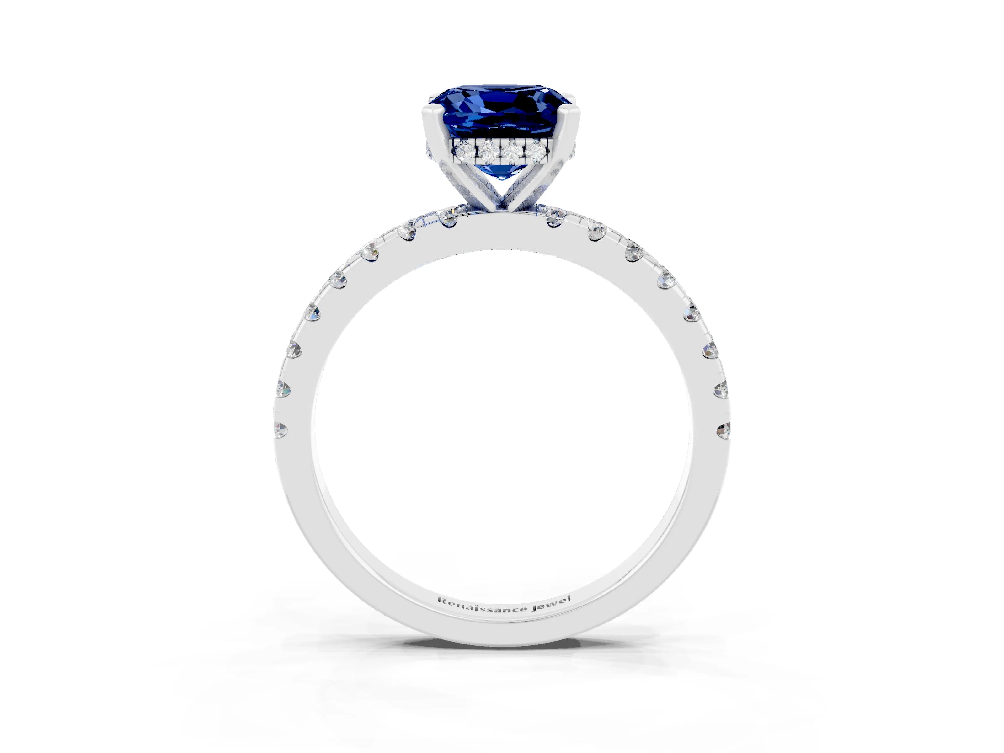 White gold Cushion Cut Blue Sapphire Solitaire Ring with Pavé Band and Four-Prong Setting_15