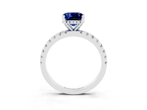 White gold Cushion Cut Blue Sapphire Solitaire Ring with Pavé Band and Four-Prong Setting_15