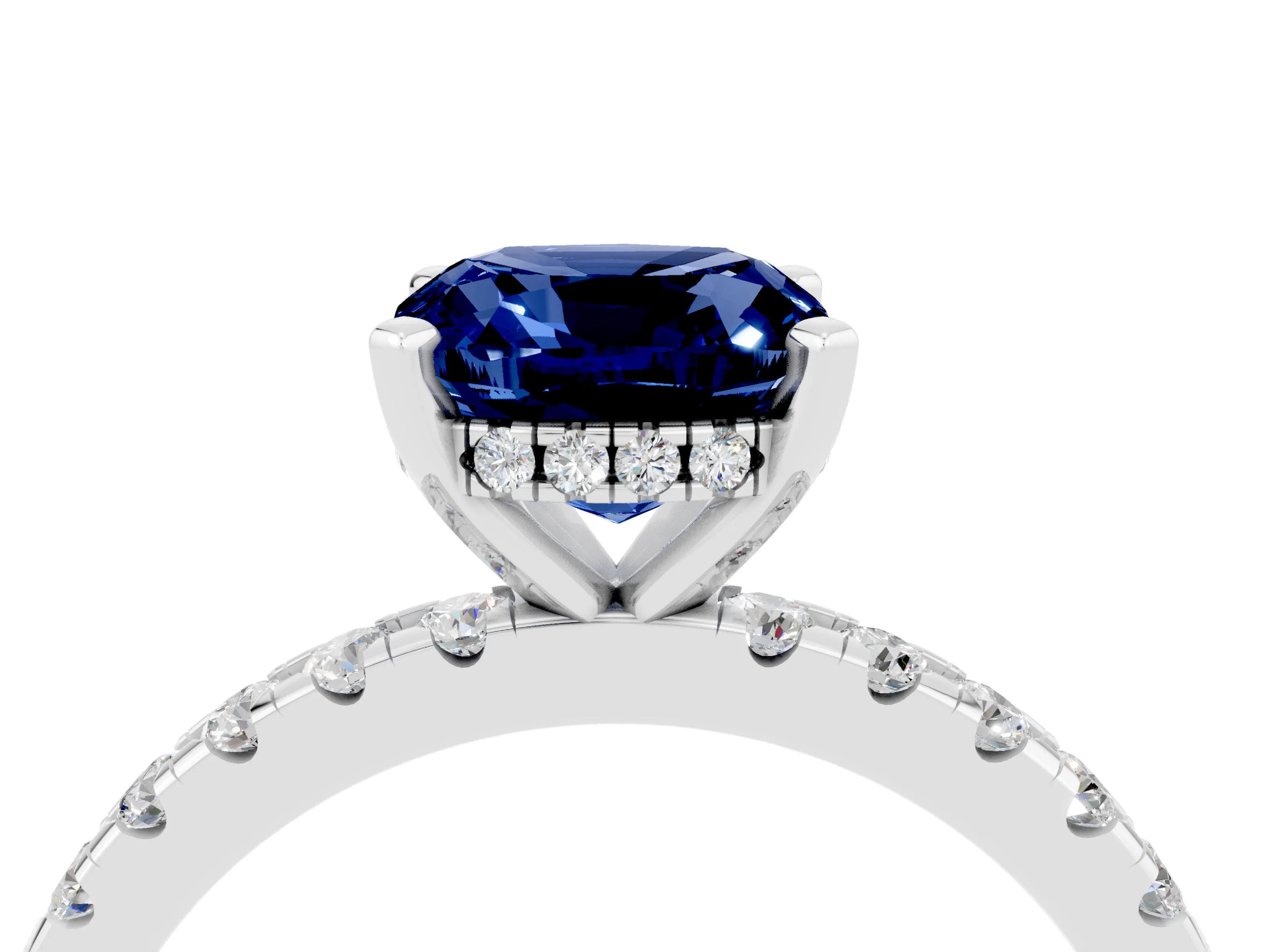 White gold Cushion Cut Blue Sapphire Solitaire Ring with Pavé Band and Four-Prong Setting_16