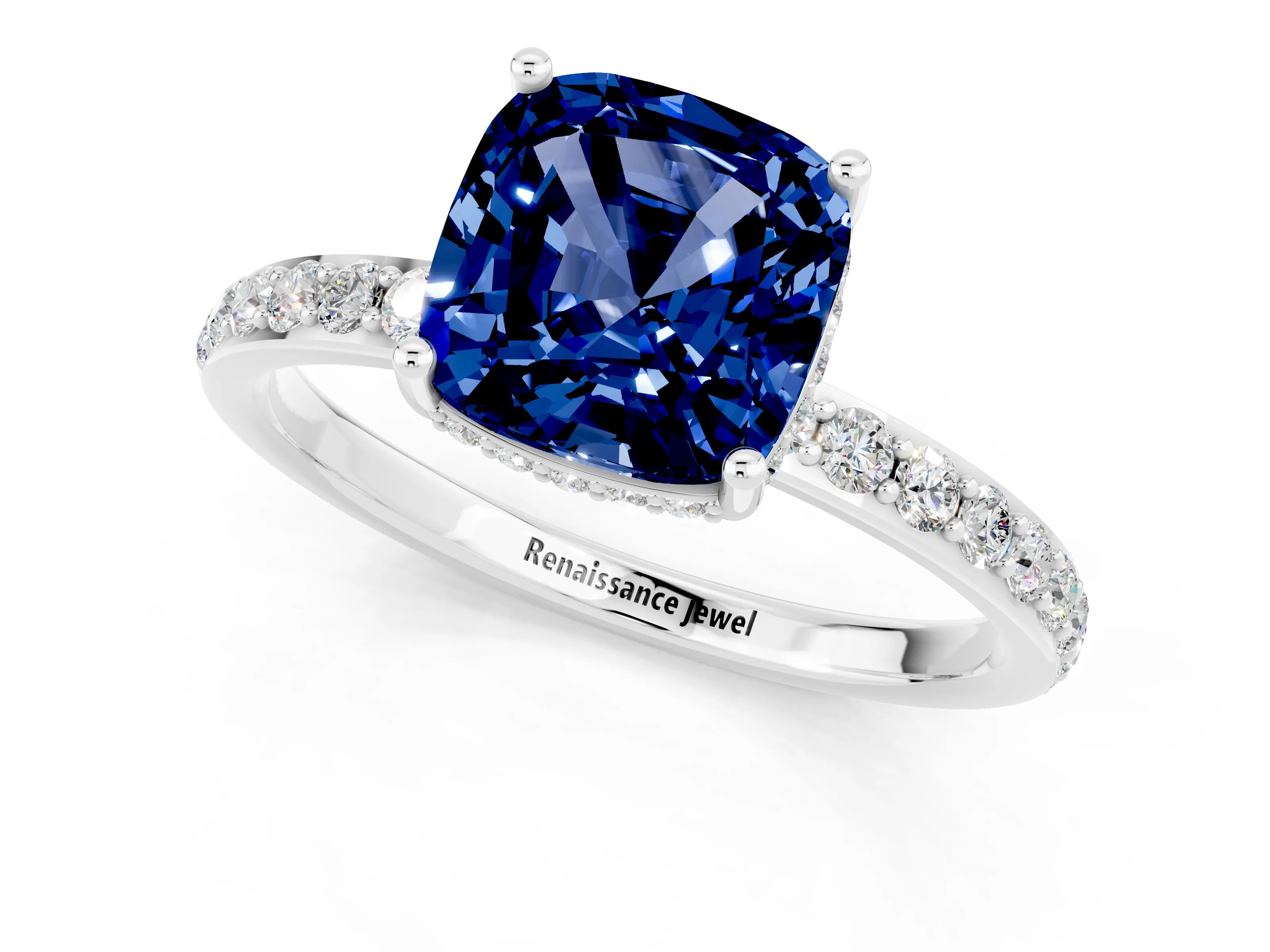 White gold Cushion Cut Blue Sapphire Solitaire Ring with Pavé Band and Hidden Halo_1