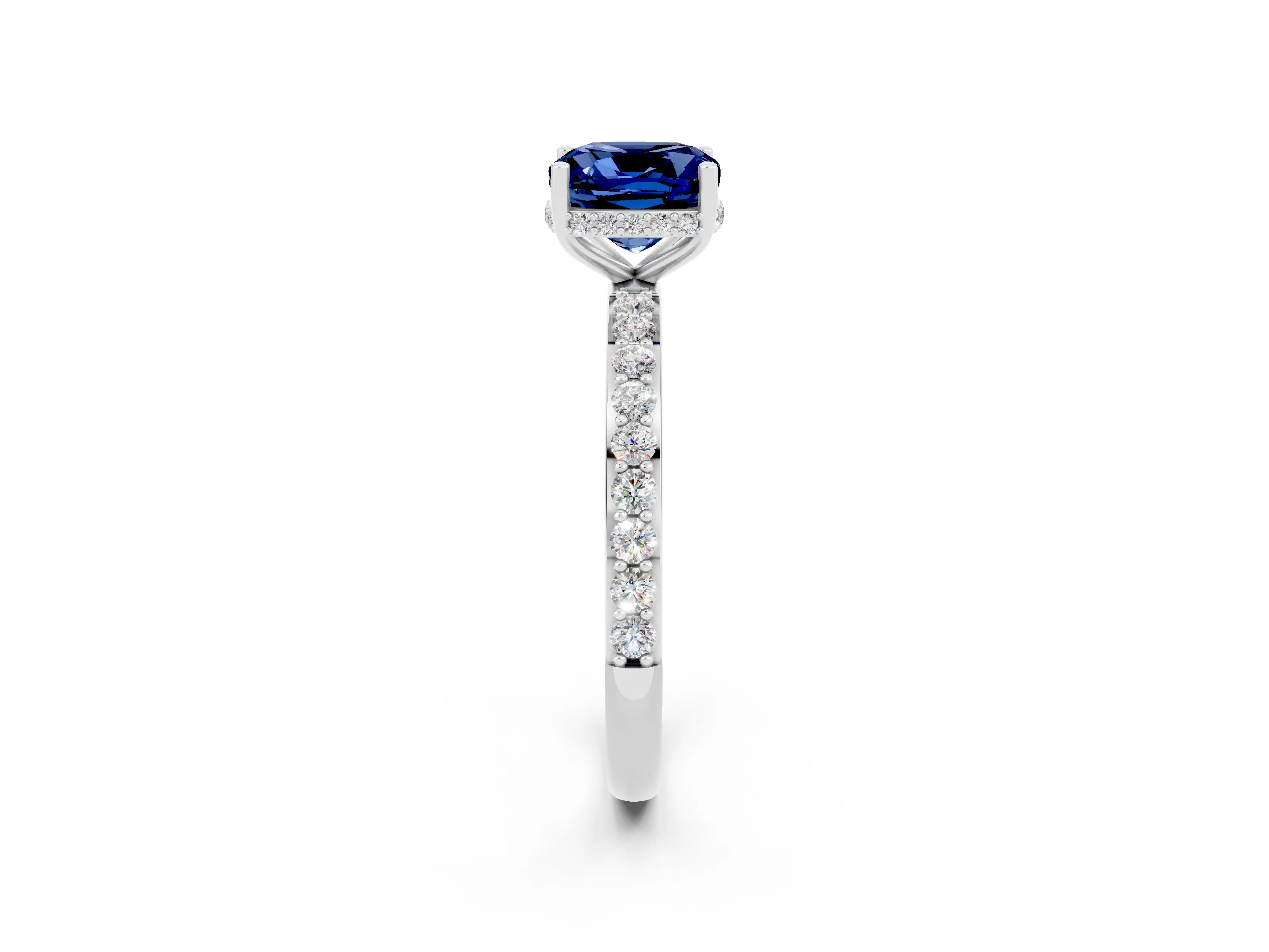 White gold Cushion Cut Blue Sapphire Solitaire Ring with Pavé Band and Hidden Halo_2