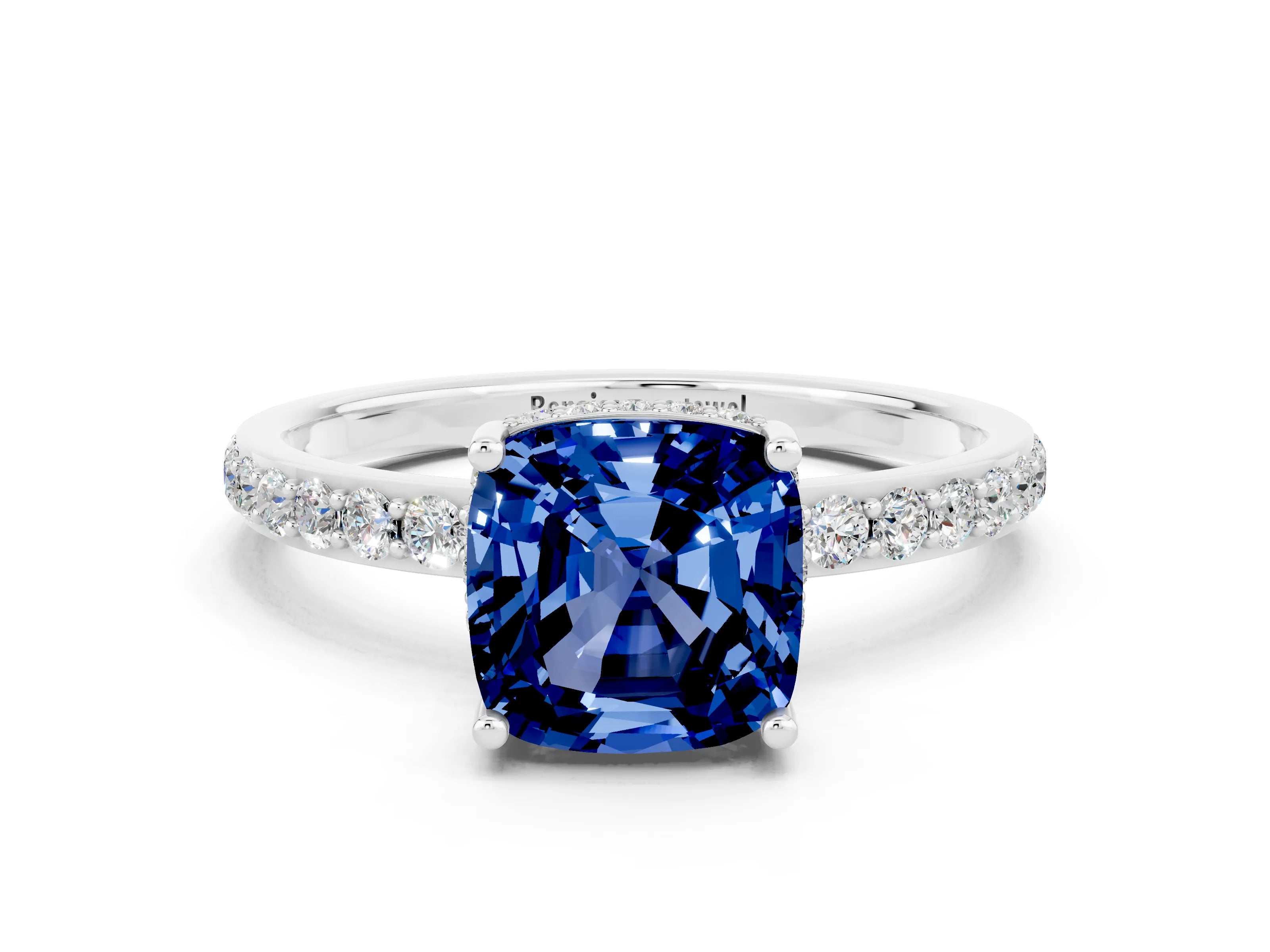 White gold Cushion Cut Blue Sapphire Solitaire Ring with Pavé Band and Hidden Halo_24