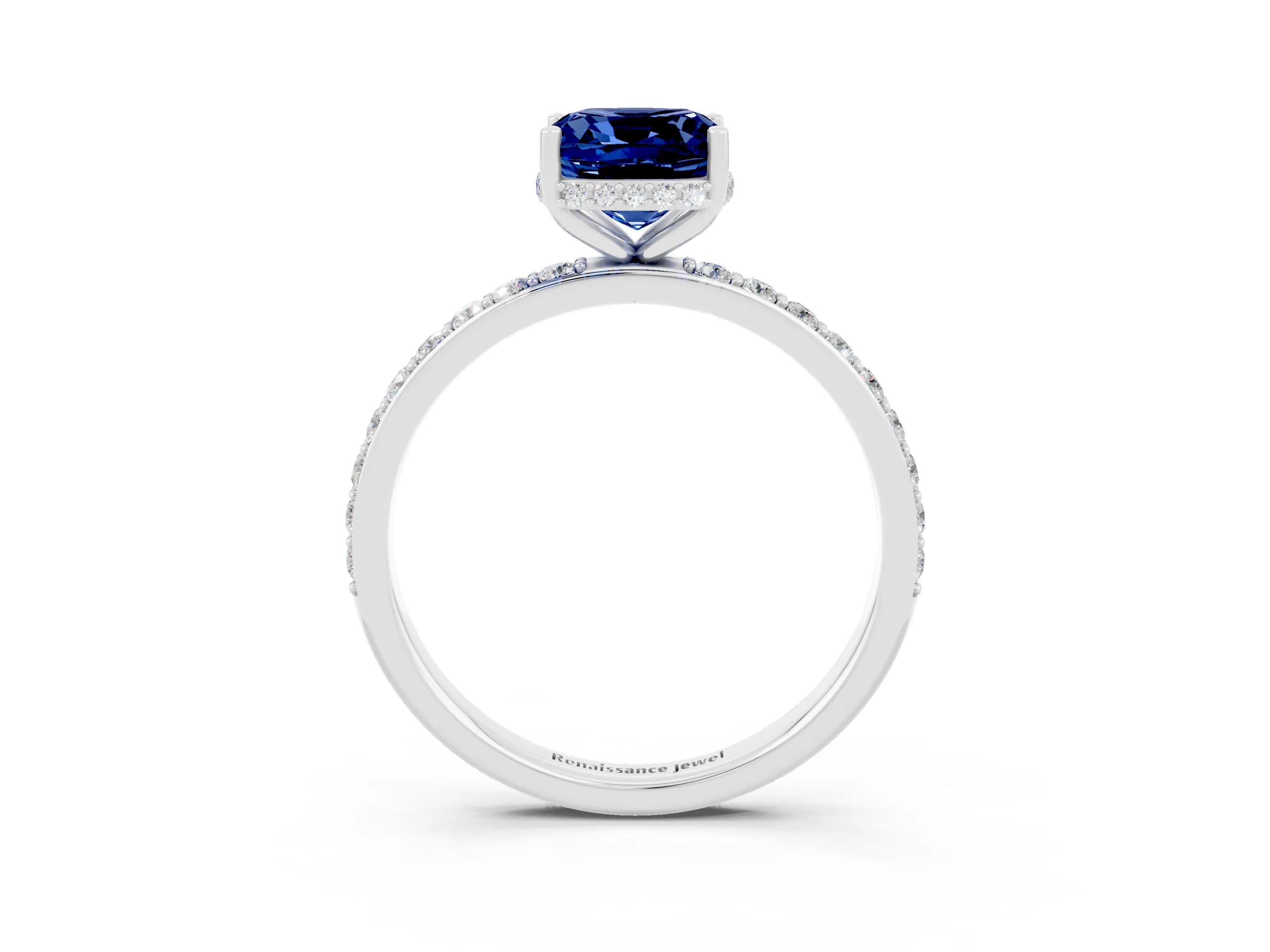 White gold Cushion Cut Blue Sapphire Solitaire Ring with Pavé Band and Hidden Halo_27