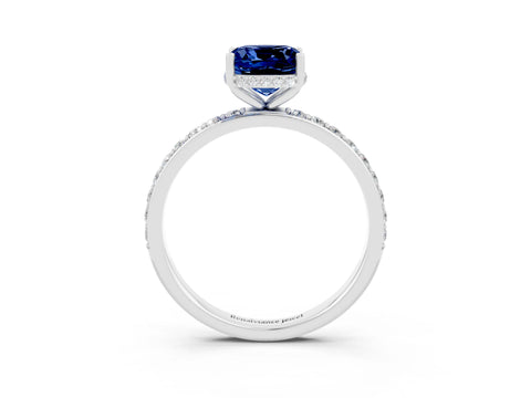 White gold Cushion Cut Blue Sapphire Solitaire Ring with Pavé Band and Hidden Halo_3