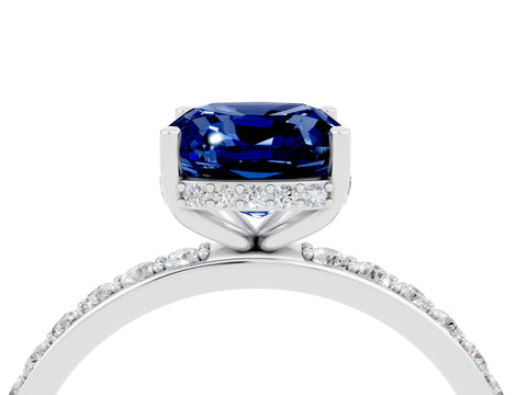 White gold Cushion Cut Blue Sapphire Solitaire Ring with Pavé Band and Hidden Halo_4