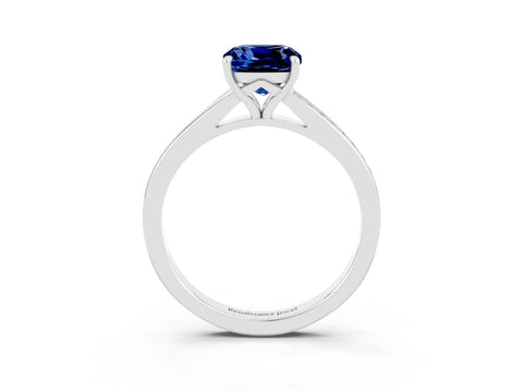 White gold Cushion Cut Blue Sapphire Solitaire Ring with Pavé Band and Prong Setting_15