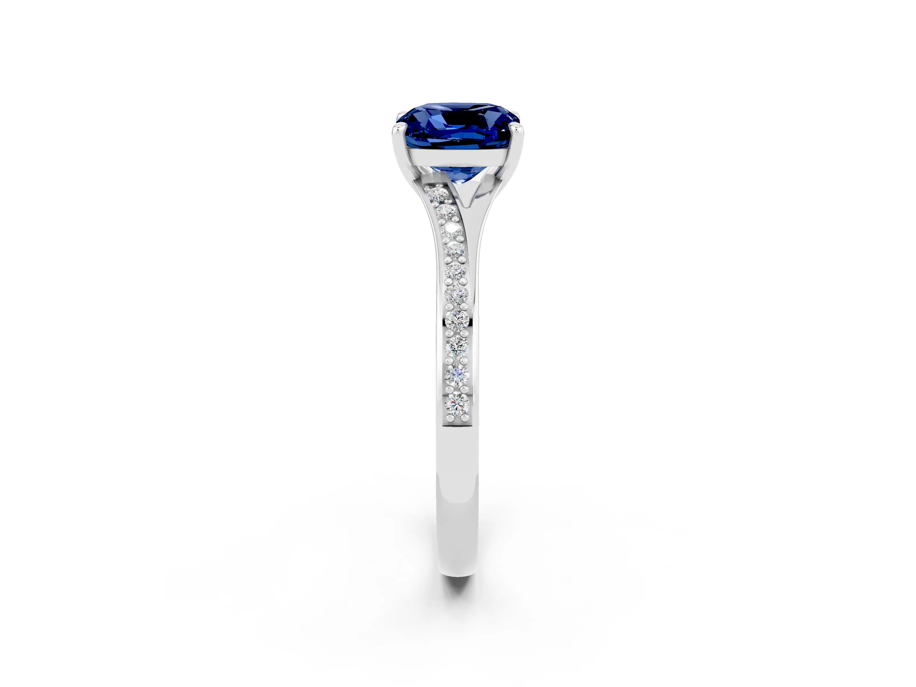 White gold Cushion Cut Blue Sapphire Solitaire Ring with Pavé Band and Prong Setting_2