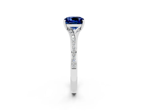 White gold Cushion Cut Blue Sapphire Solitaire Ring with Pavé Band and Prong Setting_2