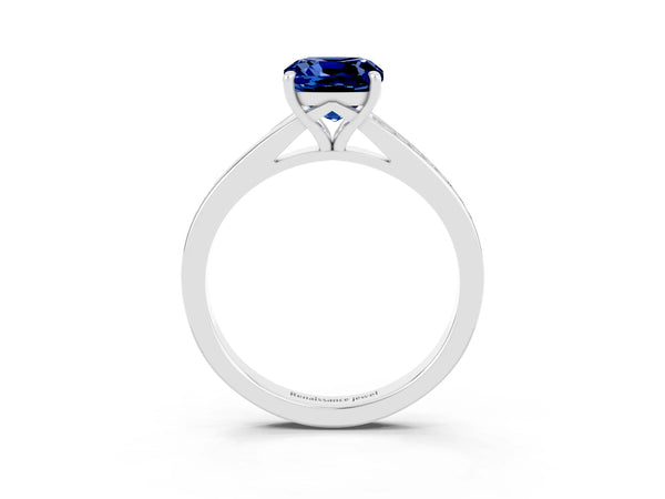 Platinum Cushion Cut Blue Sapphire Solitaire Ring with Pavé Band and Prong Setting