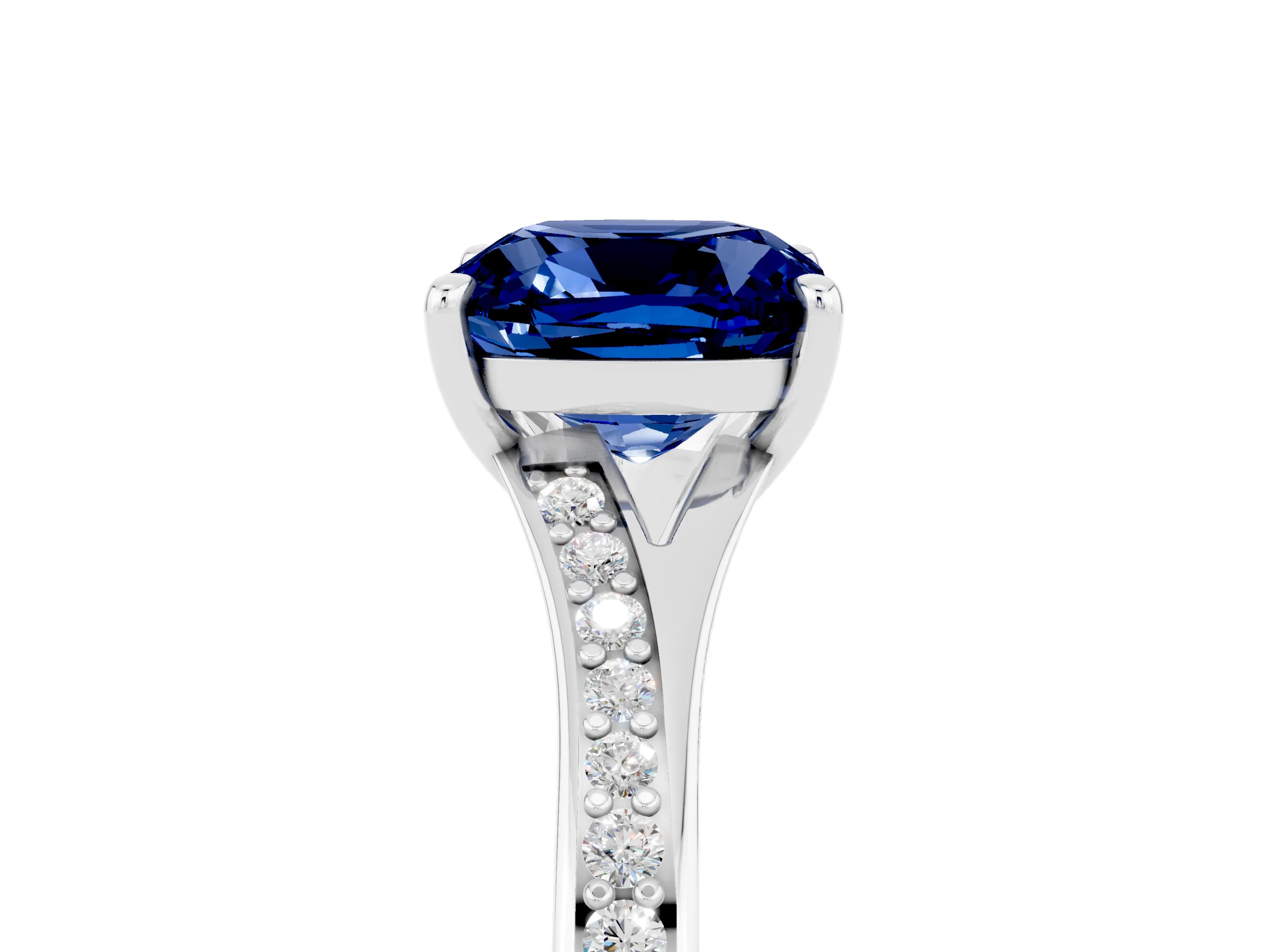 White gold Cushion Cut Blue Sapphire Solitaire Ring with Pavé Band and Prong Setting_5