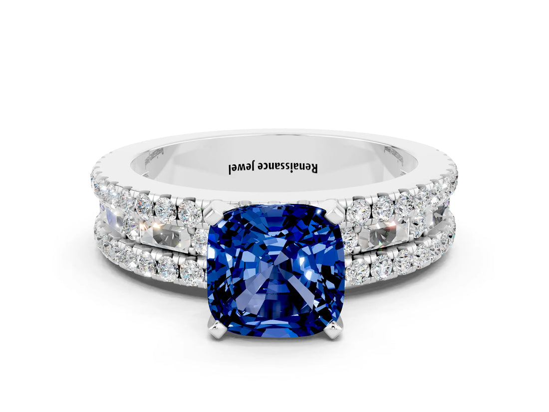 White gold Cushion Cut Blue Sapphire Solitaire Ring with Pavé and Channel Set Band