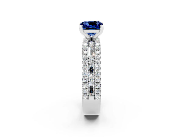 White gold Cushion Cut Blue Sapphire Solitaire Ring with Pavé and Channel Set Band