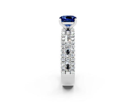 White gold Cushion Cut Blue Sapphire Solitaire Ring with Pavé and Channel Set Band_2