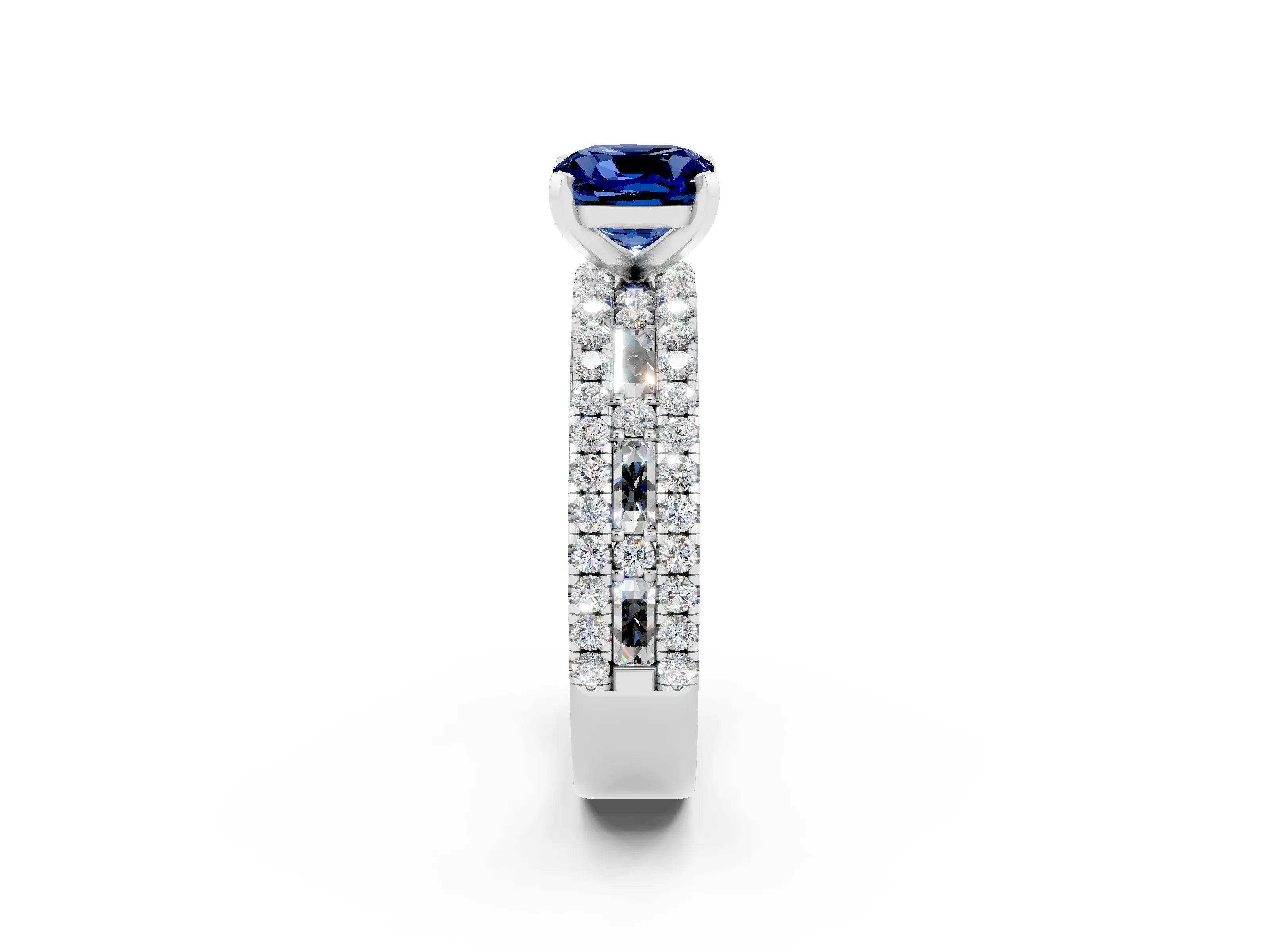 White gold Cushion Cut Blue Sapphire Solitaire Ring with Pavé and Channel Set Band_2