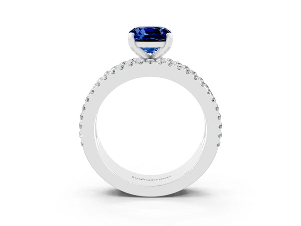 Silver Cushion Cut Blue Sapphire Solitaire Ring with Pavé and Channel Set Band