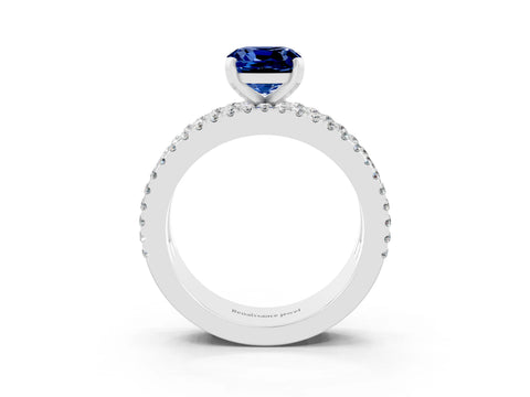 White gold Cushion Cut Blue Sapphire Solitaire Ring with Pavé and Channel Set Band_3