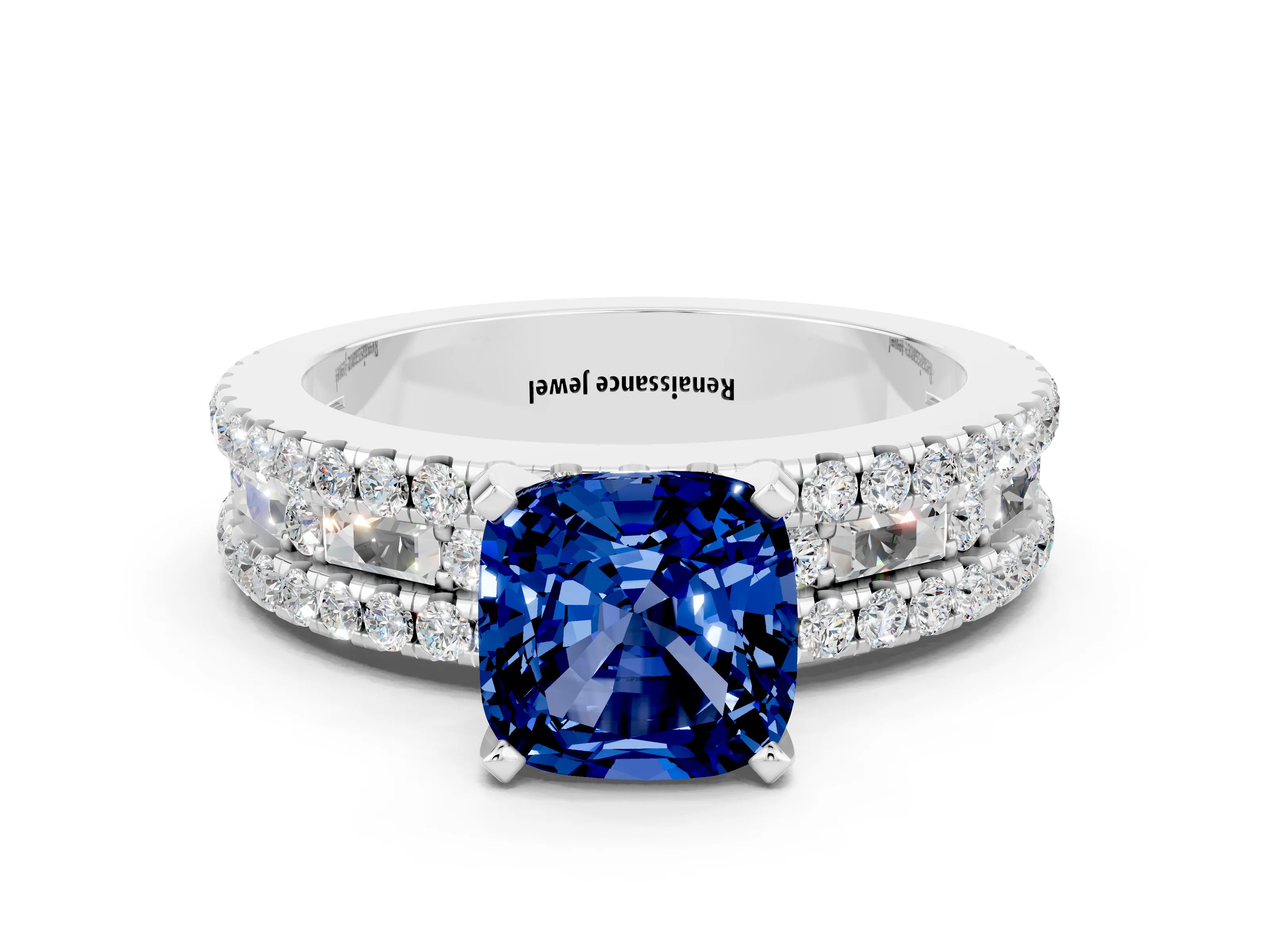 White gold Cushion Cut Blue Sapphire Solitaire Ring with Pavé and Channel Set Band