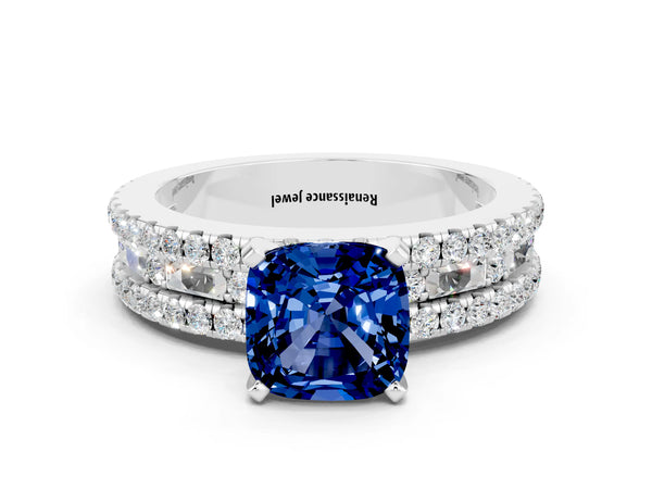 White gold Cushion Cut Blue Sapphire Solitaire Ring with Pavé and Channel Set Band