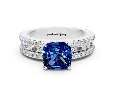 White gold Cushion Cut Blue Sapphire Solitaire Ring with Pavé and Channel Set Band