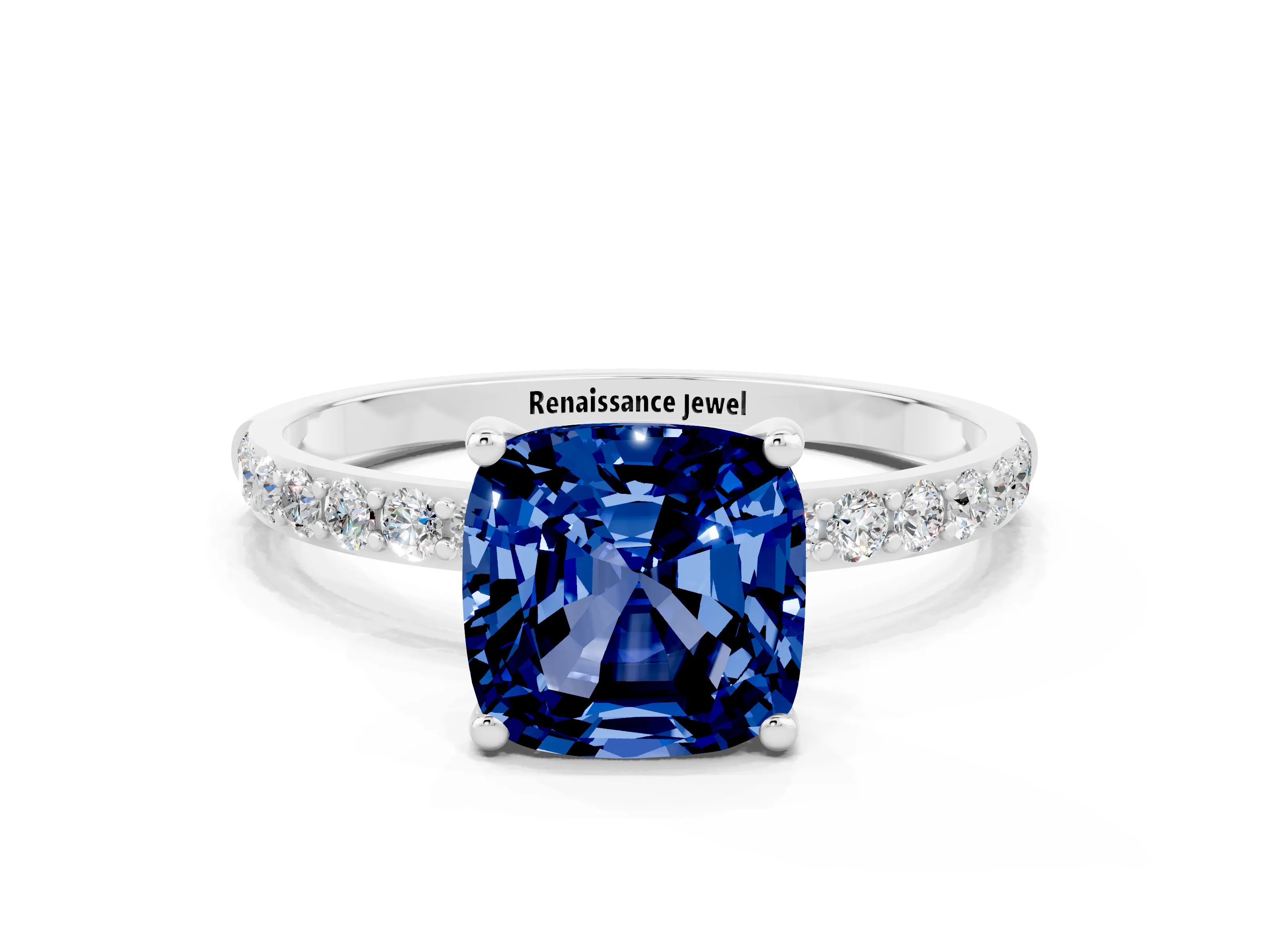 White gold Cushion Cut Blue Sapphire Solitaire Ring with Pave Band and Four Prong Setting_24