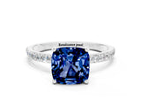 White gold Cushion Cut Blue Sapphire Solitaire Ring with Pave Band and Four Prong Setting_24