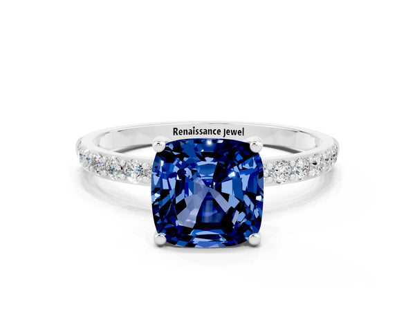 Silver Cushion Cut Blue Sapphire Solitaire Ring with Round  Pavé Band and Prong Setting