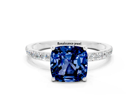 White gold Cushion Cut Blue Sapphire Solitaire Ring with Pave Band and Four Prong Setting_24