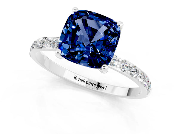 White gold Cushion Cut Blue Sapphire Solitaire Ring with Round  Pavé Band and Prong Setting